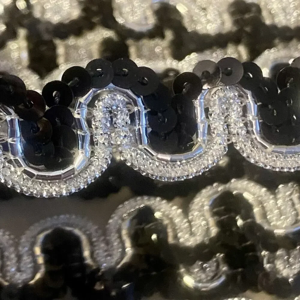 Vintage Black Sequin Silver Rickrack elegant Dressy Trim 36” X 1.5” Sewing Doll